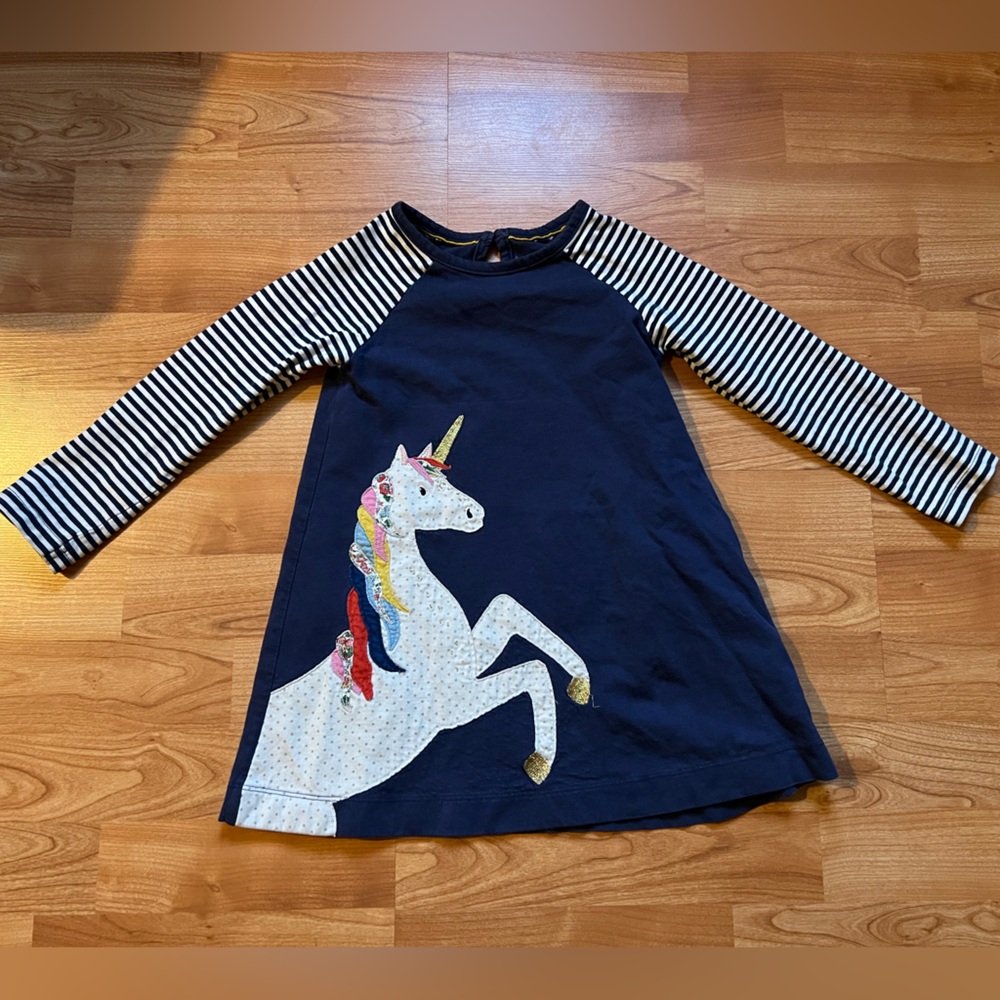 Navy Unicorn Dress with Striped Sleeves